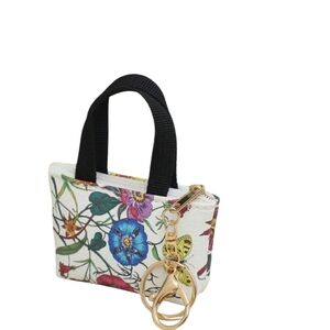Floral Mini Tote Bag with Black Handles Bag Charm Or Keychain